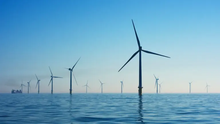 Offshore wind turbines standing in the open sea under a clear blue sky.