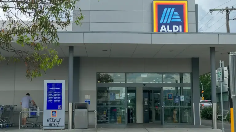 Exterior view of a modern Aldi supermarket entrance on a cloudy day.