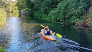 A person paddling an orange kayak down a quiet river surrounded by lush trees.