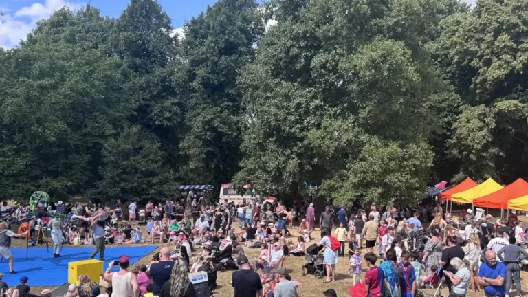 Crowd gathered in a park watching a street performer on a blue mat outdoors.