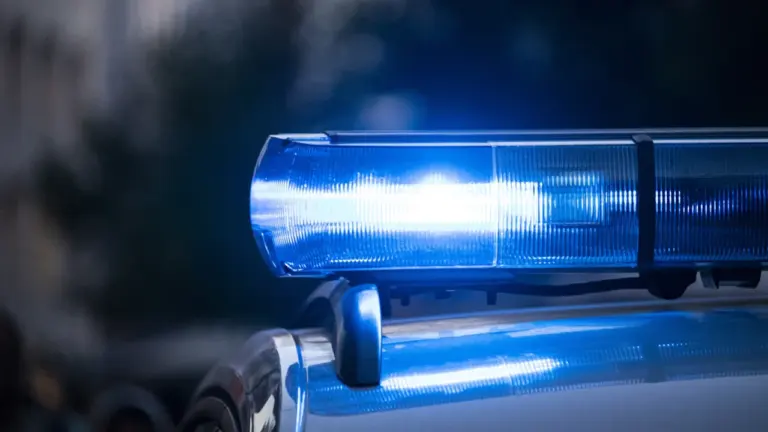 Close-up of a blue police emergency light bar on a patrol vehicle.