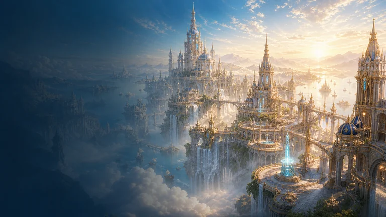 Wide view of a fantasy MMORPG city and surrounding world