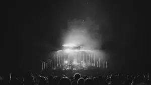 Silhouetted audience at a concert with bright stage lights in a dark venue.