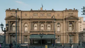 Grand historic stone building in Buenos Aires with classic architecture and ornate columns.
