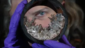 A person in purple gloves holding a circular ring filled with sharp clear crystals.