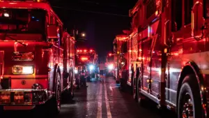 Several fire trucks parked in a line at night during an emergency services tribute.