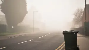 A solitary black wheelie bin stands on a suburban street in misty conditions.