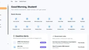 Digital student dashboard interface showing quick access tools and upcoming academic deadline alerts.